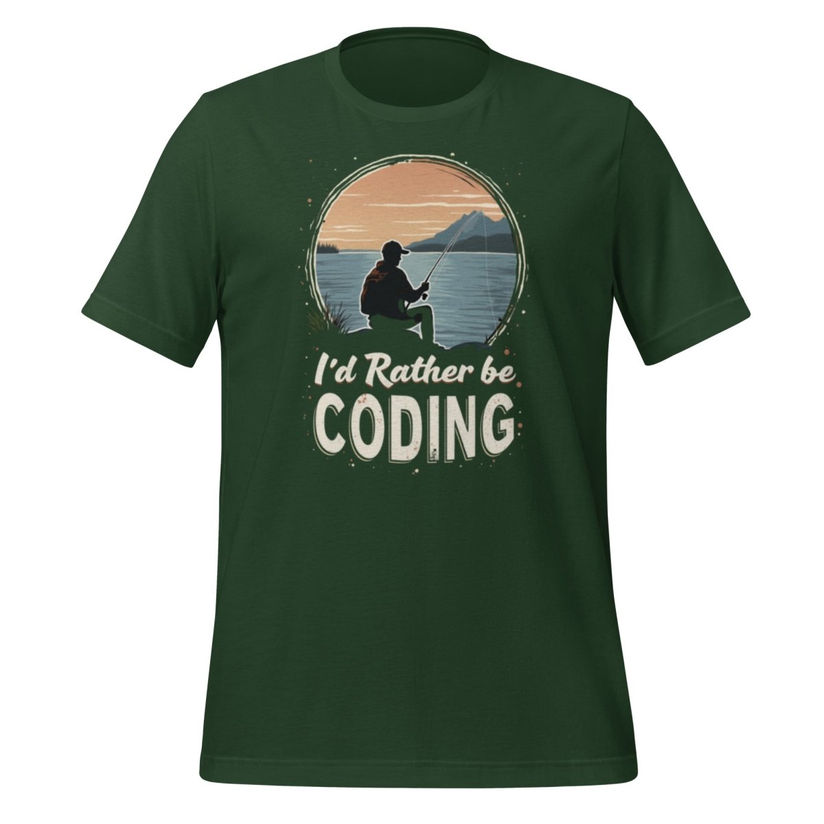 Product mockup photo of the I’d Rather Be Coding T Shirt 2 (unisex) Forest / M.