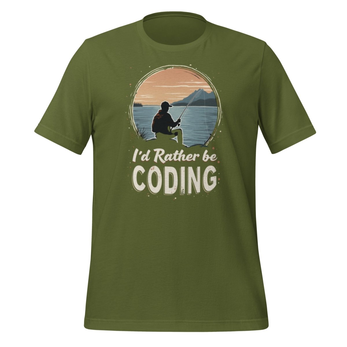 Product mockup photo of the I’d Rather Be Coding T Shirt 2 (unisex) Olive / M.