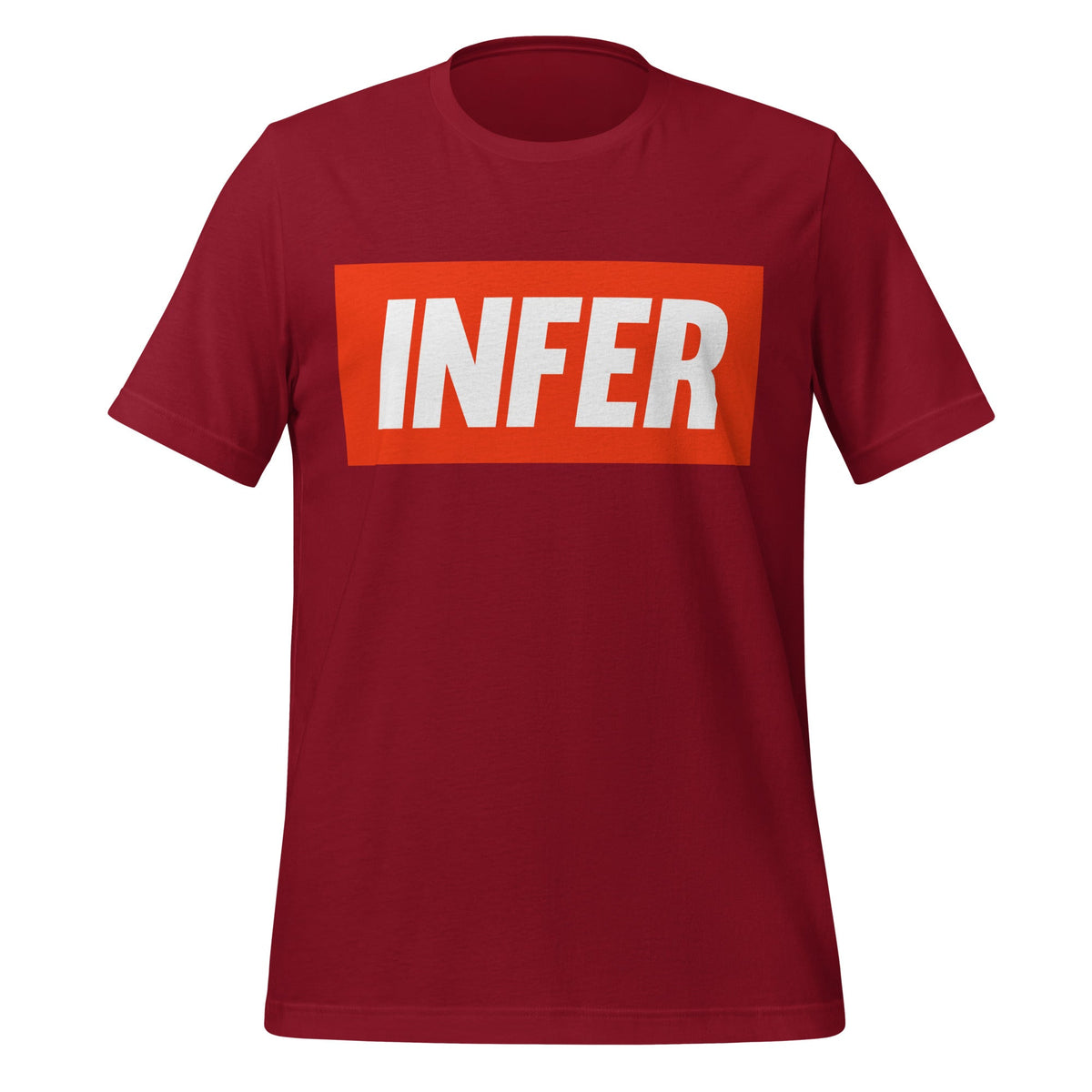 Product mockup photo of the INFER T Shirt (unisex) Cardinal / M.