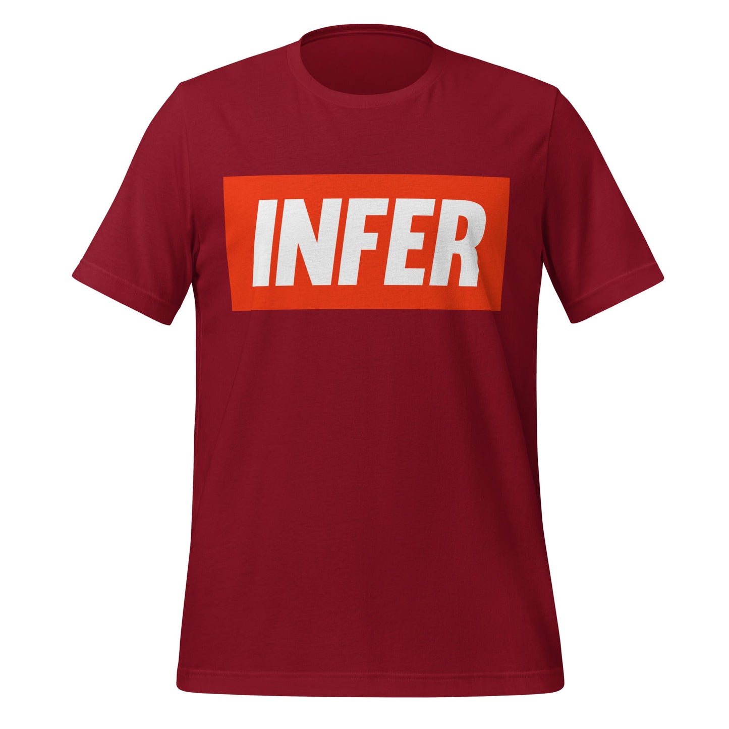 Product mockup photo of the INFER T Shirt (unisex) Cardinal / M.