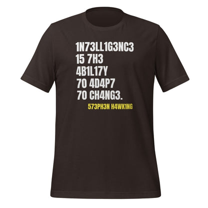 Product mockup photo of the Intelligence is the Ability to Change T Shirt (unisex) Brown / M.