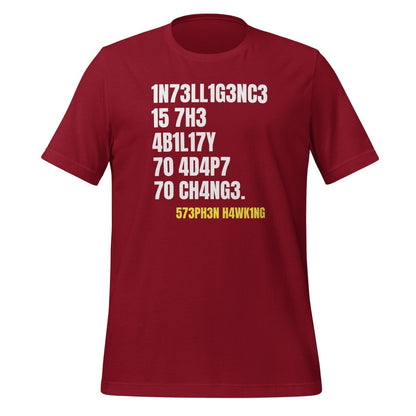 Product mockup photo of the Intelligence is the Ability to Change T Shirt (unisex) Cardinal / M.