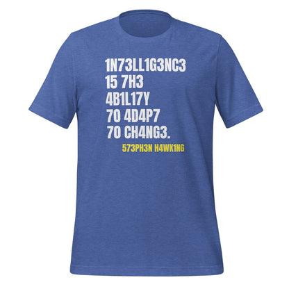 Product mockup photo of the Intelligence is the Ability to Change T Shirt (unisex) Heather True Royal / M.