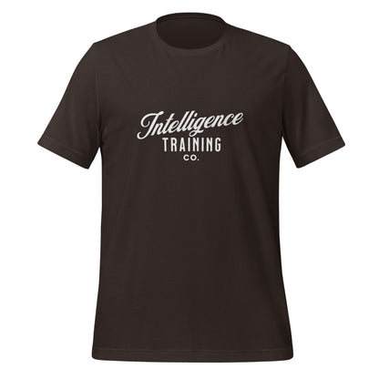Product mockup photo of the Intelligence Training Co. T Shirt (unisex) Brown / M.