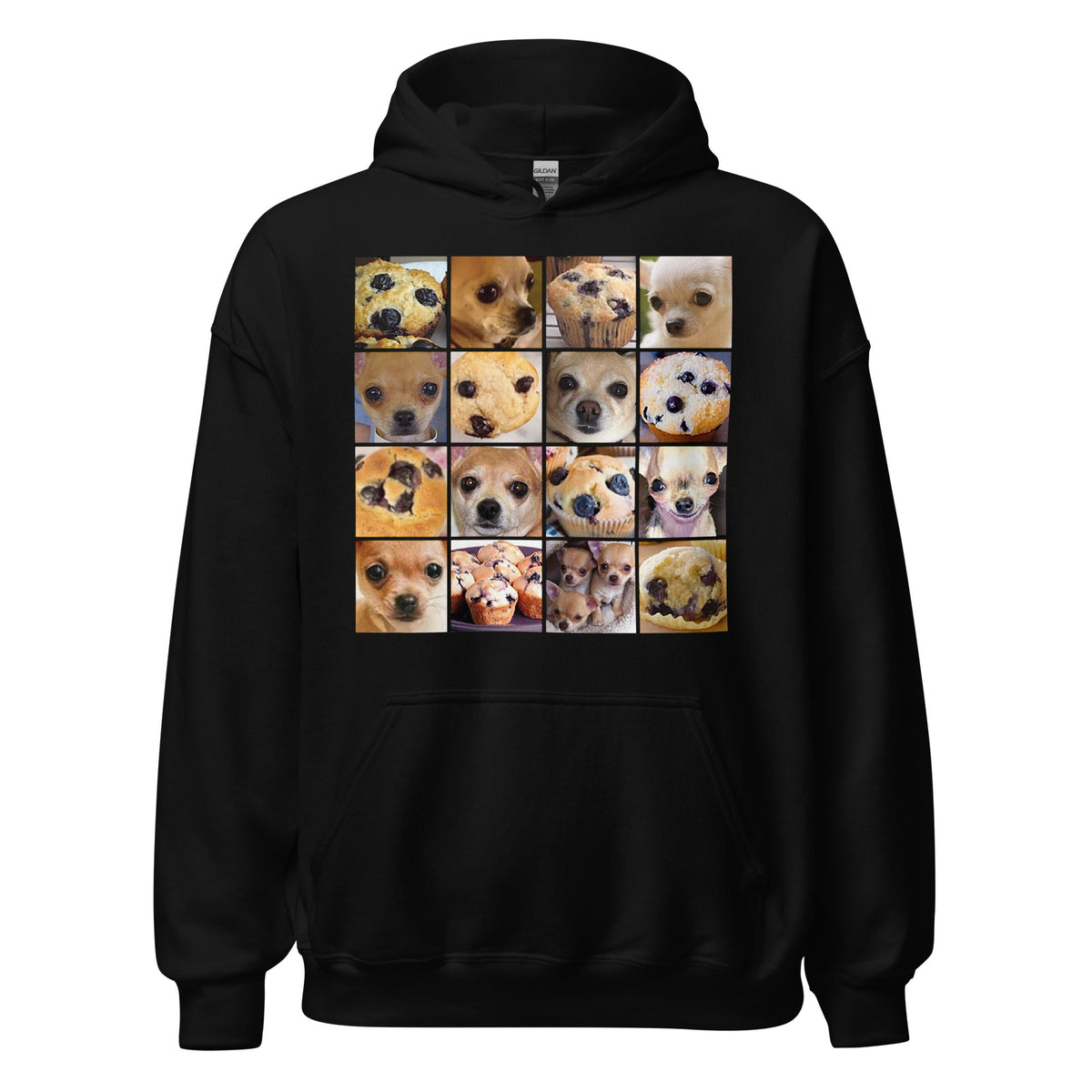 Image of the Is it a Blueberry Muffin or is it a Chihuahua? Hoodie (unisex) Black / M.