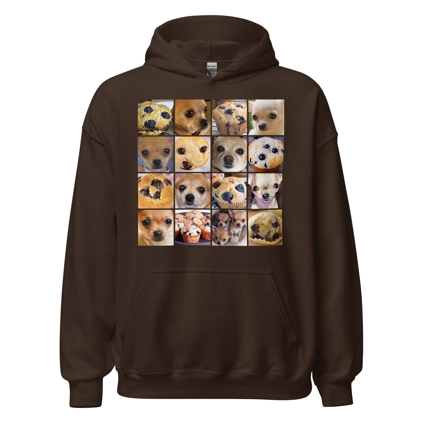 Image of the Is it a Blueberry Muffin or is it a Chihuahua? Hoodie (unisex) Dark Chocolate / M.