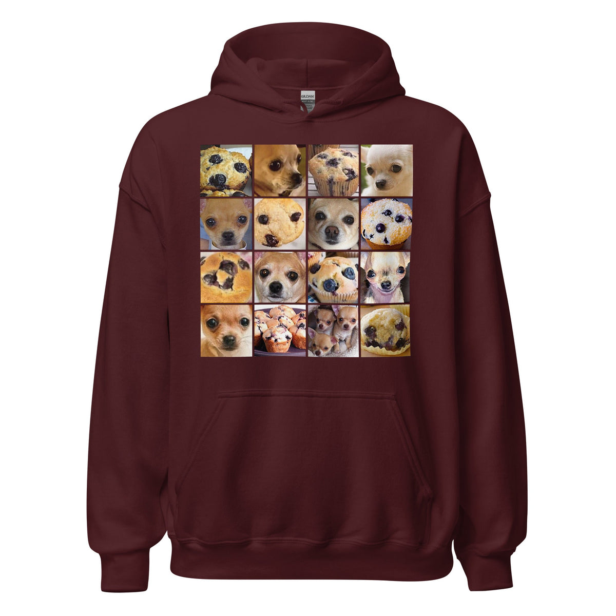 Image of the Is it a Blueberry Muffin or is it a Chihuahua? Hoodie (unisex) Maroon / M.