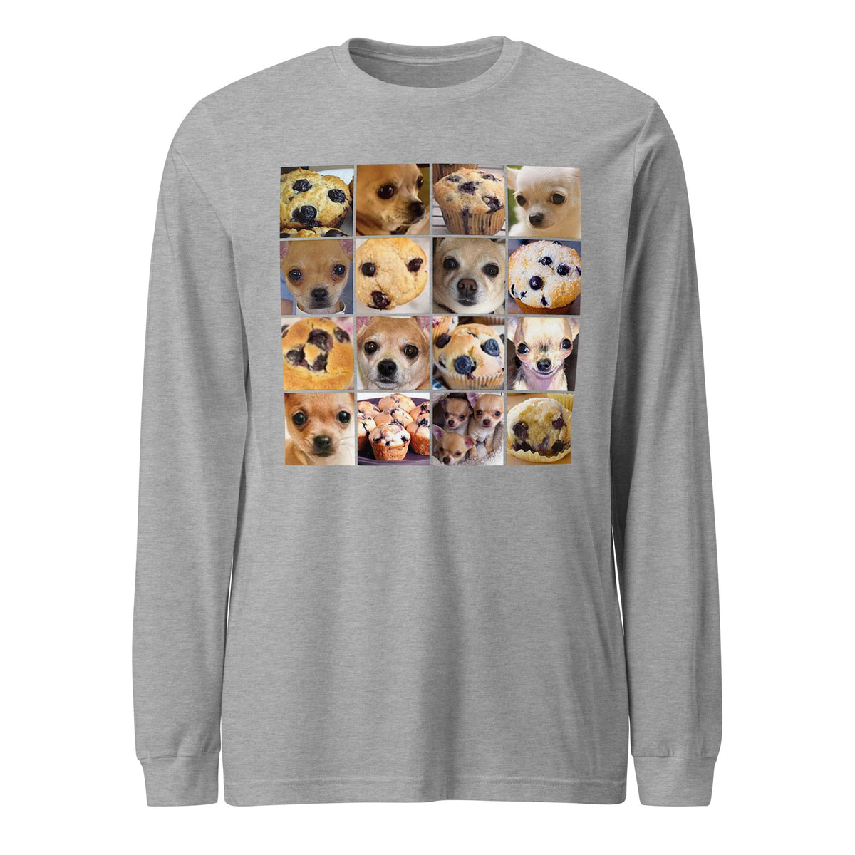 Image of the Is it a Blueberry Muffin or is it a Chihuahua? Long Sleeve T-Shirt (unisex) Athletic Heather / XS.