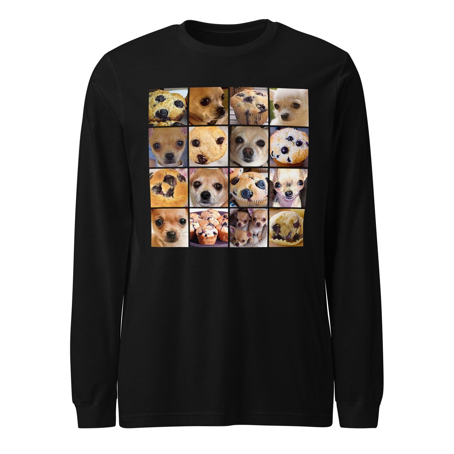 Image of the Is it a Blueberry Muffin or is it a Chihuahua? Long Sleeve T-Shirt (unisex) Black / XS.