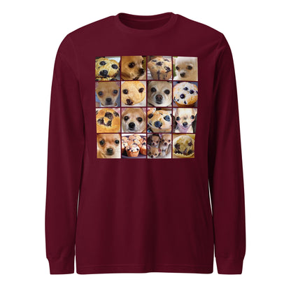 Image of the Is it a Blueberry Muffin or is it a Chihuahua? Long Sleeve T-Shirt (unisex) Maroon / XS.