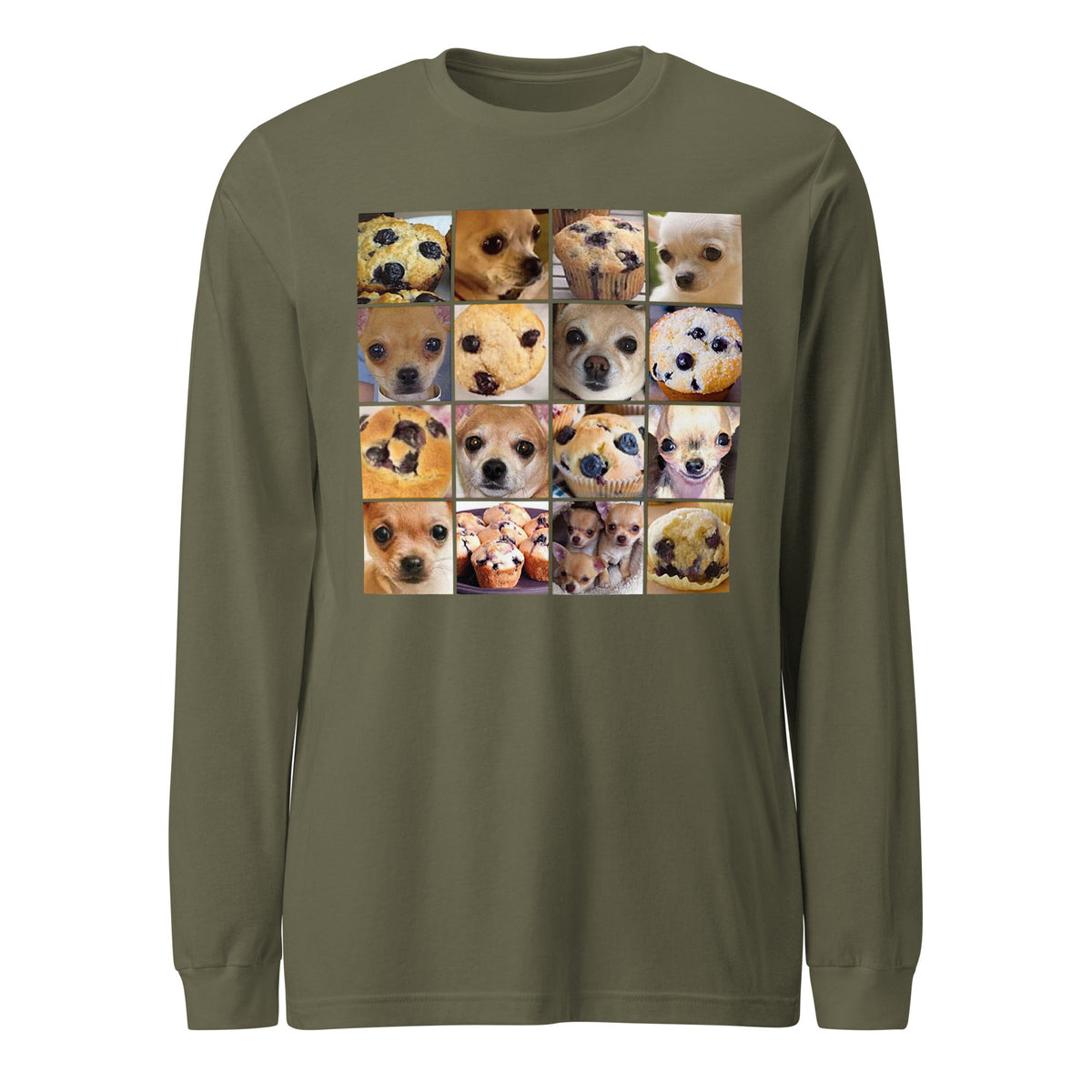 Image of the Is it a Blueberry Muffin or is it a Chihuahua? Long Sleeve T-Shirt (unisex) Military Green / XS.