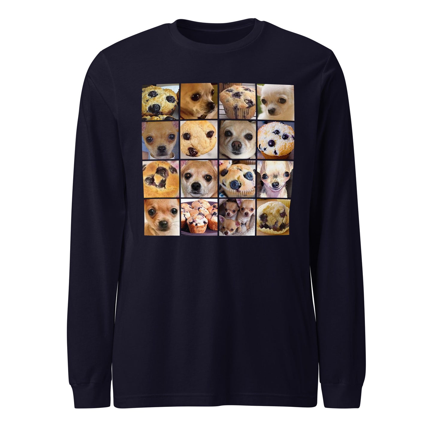 Image of the Is it a Blueberry Muffin or is it a Chihuahua? Long Sleeve T-Shirt (unisex) Navy / XS.