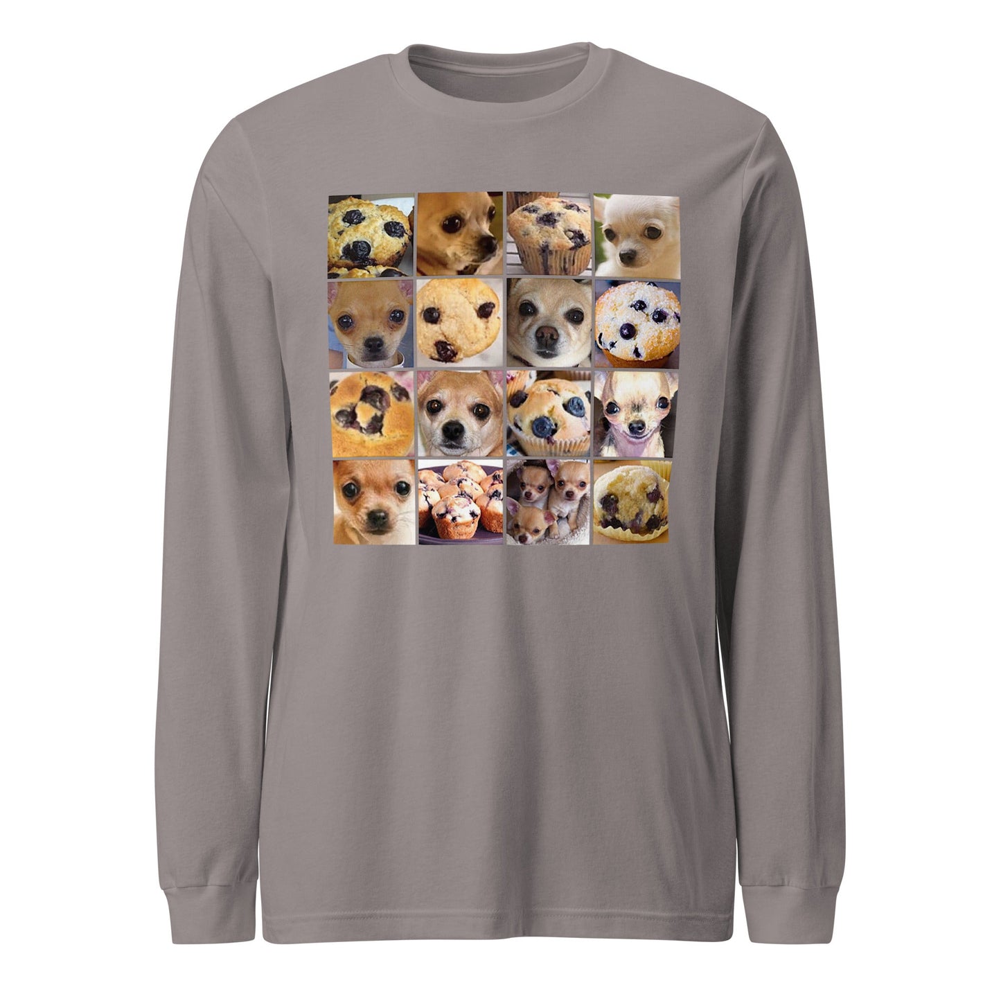 Image of the Is it a Blueberry Muffin or is it a Chihuahua? Long Sleeve T-Shirt (unisex) Storm / XS.