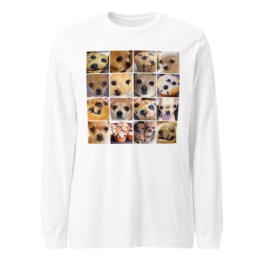 Image of the Is it a Blueberry Muffin or is it a Chihuahua? Long Sleeve T-Shirt (unisex) White / XS.