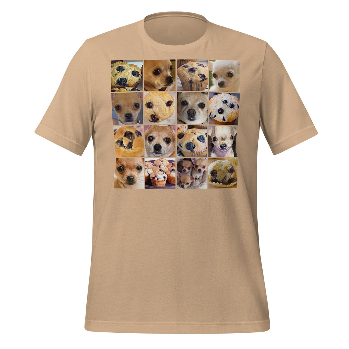 Image of the Is it a Blueberry Muffin or is it a Chihuahua? T-Shirt (unisex) Tan / M.
