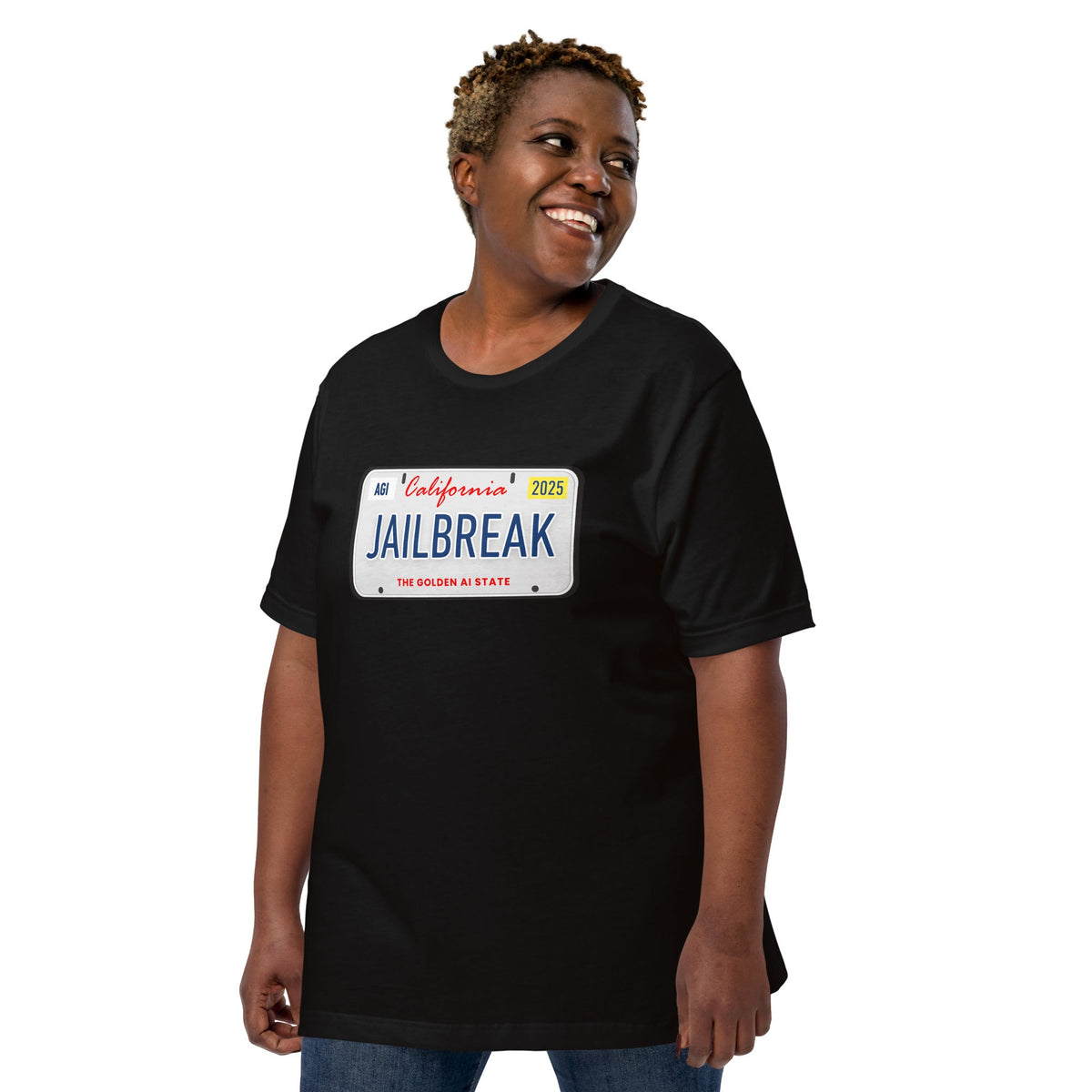 Product mockup photo of the JAILBREAK License Plate T Shirt (unisex).