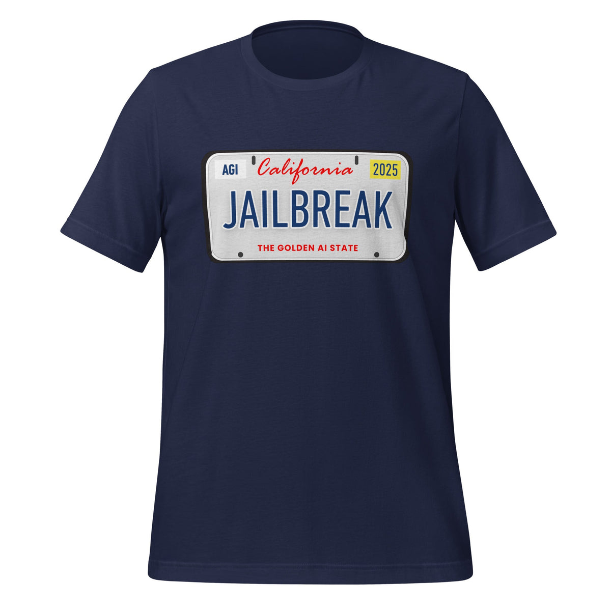 Product mockup photo of the JAILBREAK License Plate T Shirt (unisex) Navy / M.