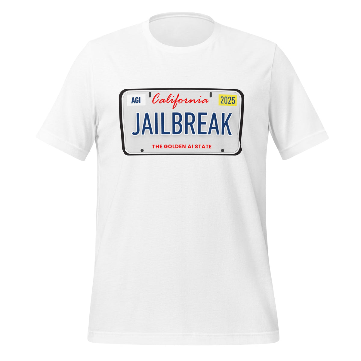 Product mockup photo of the JAILBREAK License Plate T Shirt (unisex) White / M.