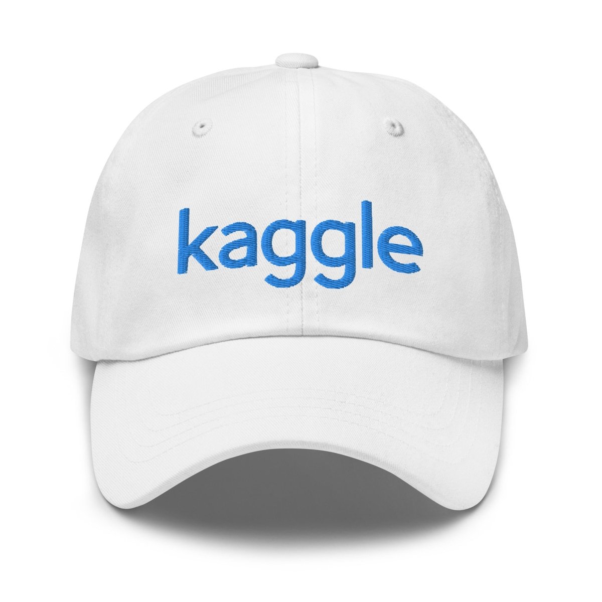 Product mockup photo of the Kaggle Logo Cap White.