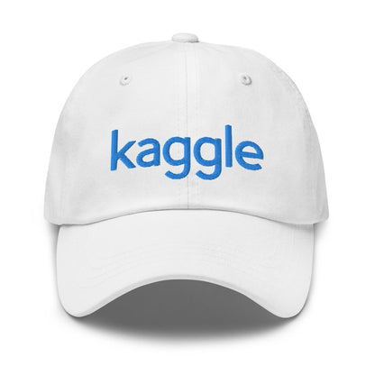 Product mockup photo of the Kaggle Logo Cap White.