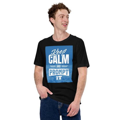 Product mockup photo of the Keep Calm and Prompt It T Shirt (unisex).