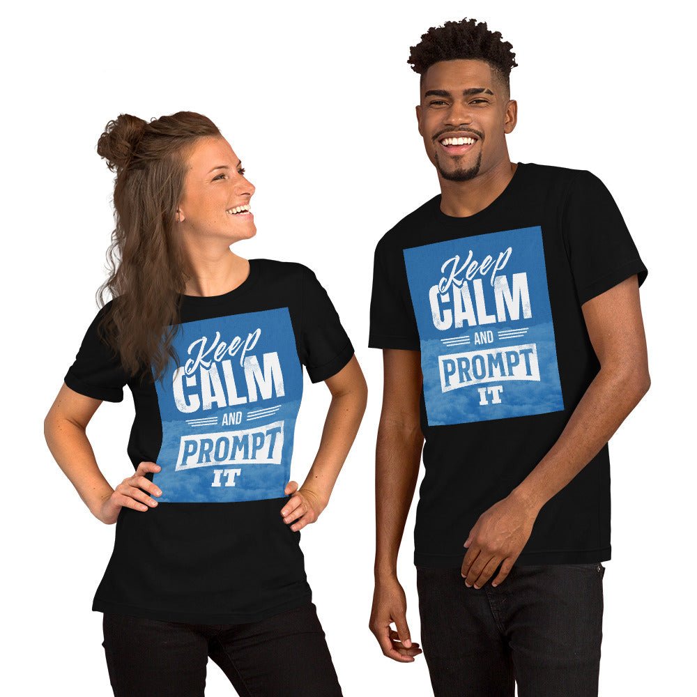 Product mockup photo of the Keep Calm and Prompt It T Shirt (unisex).