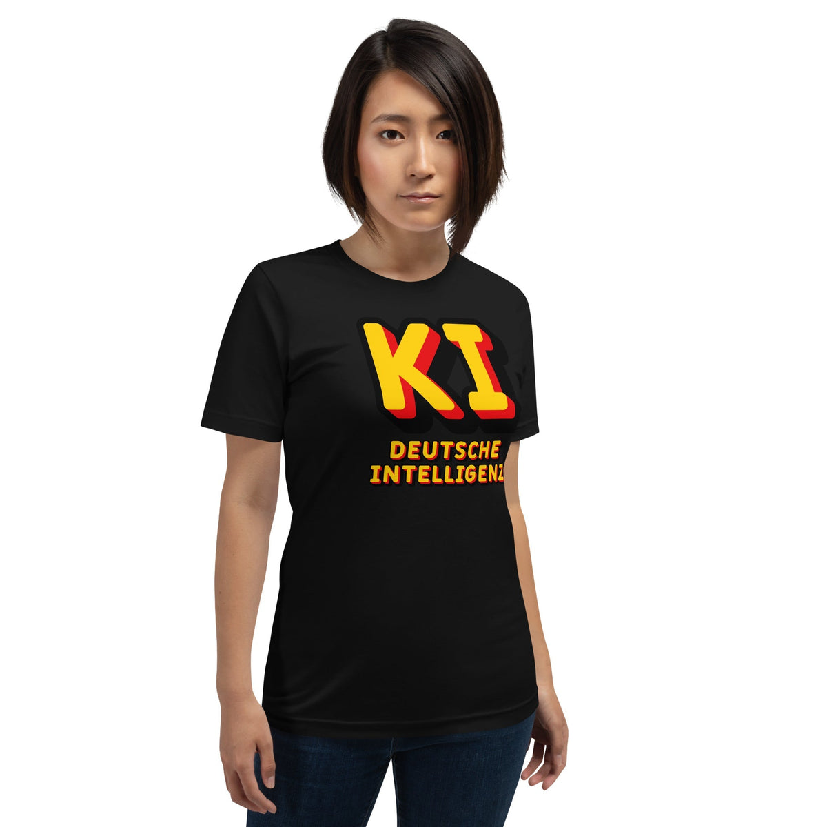 Product mockup photo of the KI Deutsche Intelligenz T Shirt (unisex).