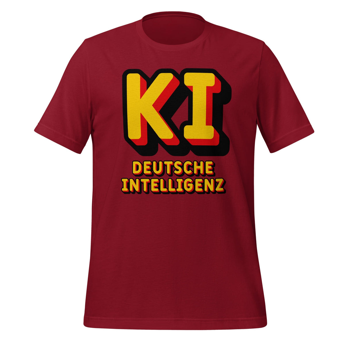 Product mockup photo of the KI Deutsche Intelligenz T Shirt (unisex) Cardinal / M.