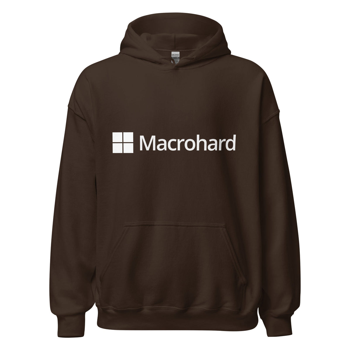 Product mockup photo of the Macrohard Hoodie (unisex) Dark Chocolate / M.