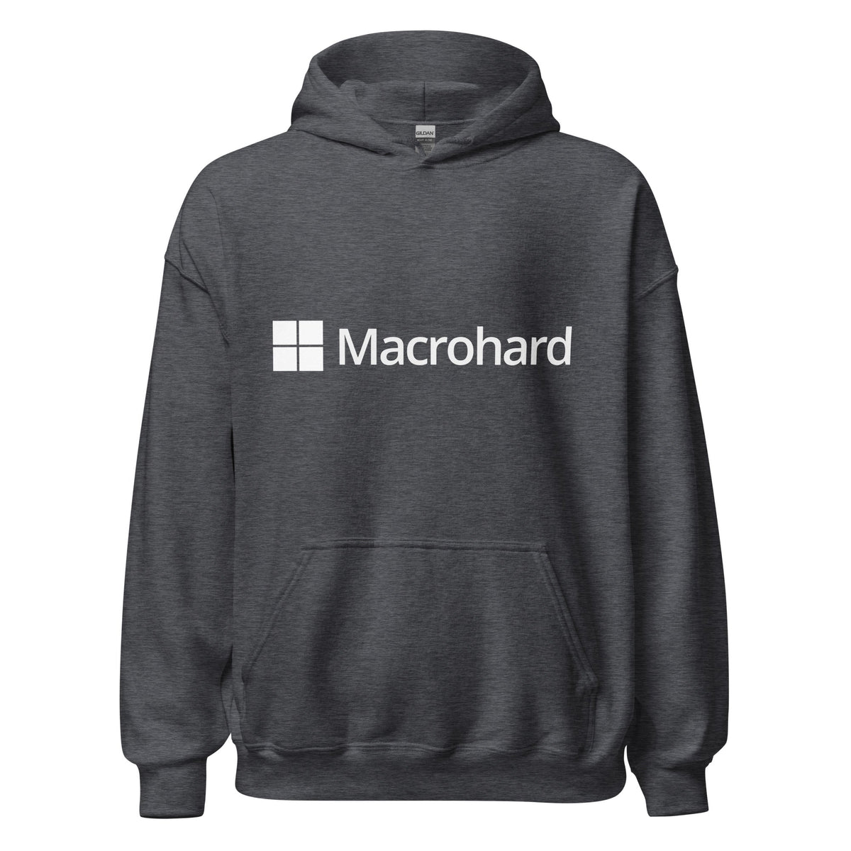 Product mockup photo of the Macrohard Hoodie (unisex) Dark Heather / M.