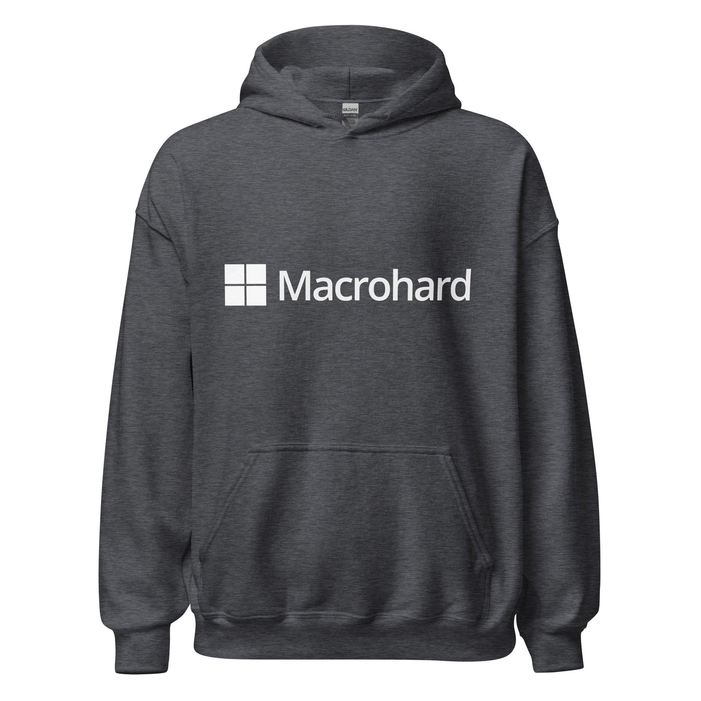 Product mockup photo of the Macrohard Hoodie (unisex) Dark Heather / M.