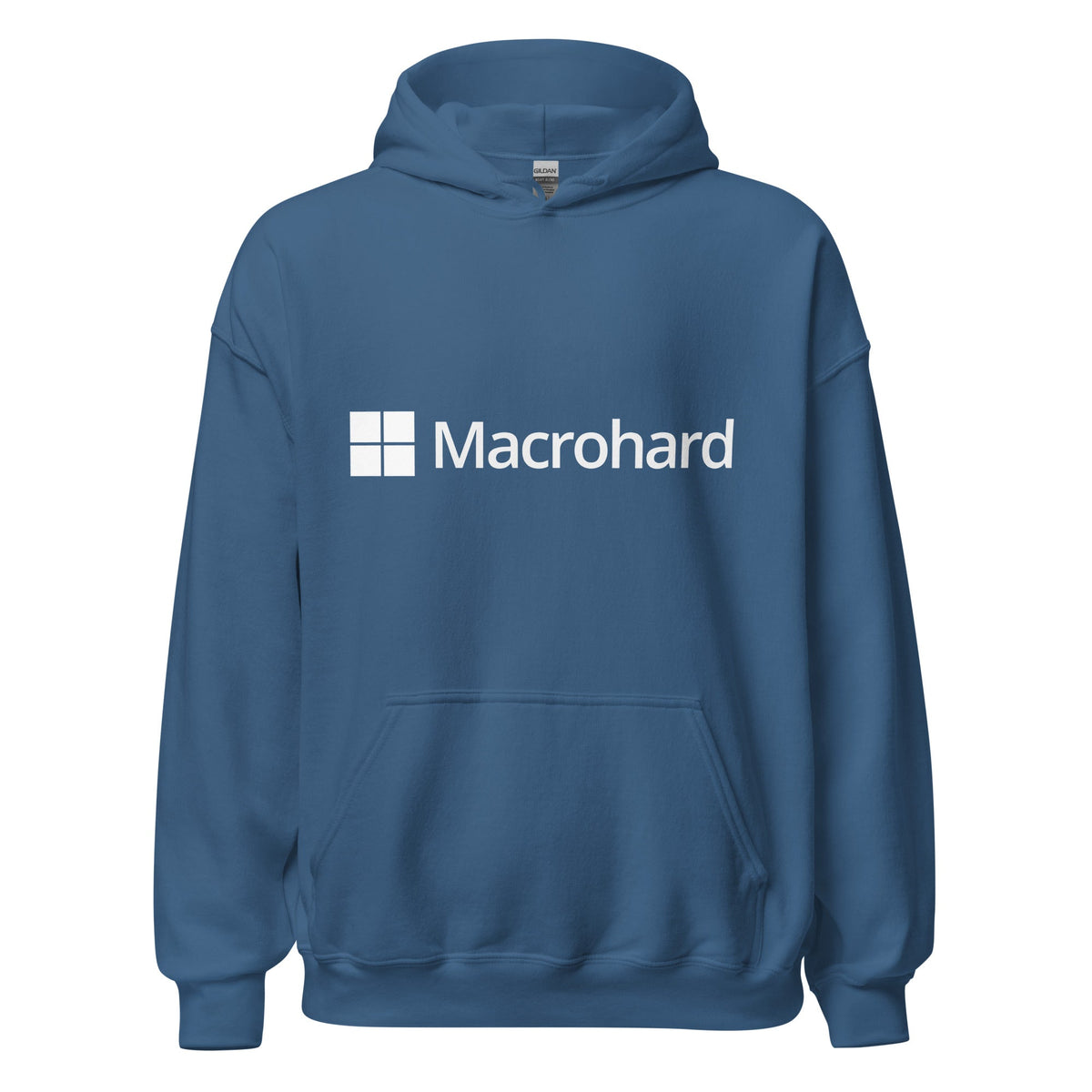 Product mockup photo of the Macrohard Hoodie (unisex) Indigo Blue / M.