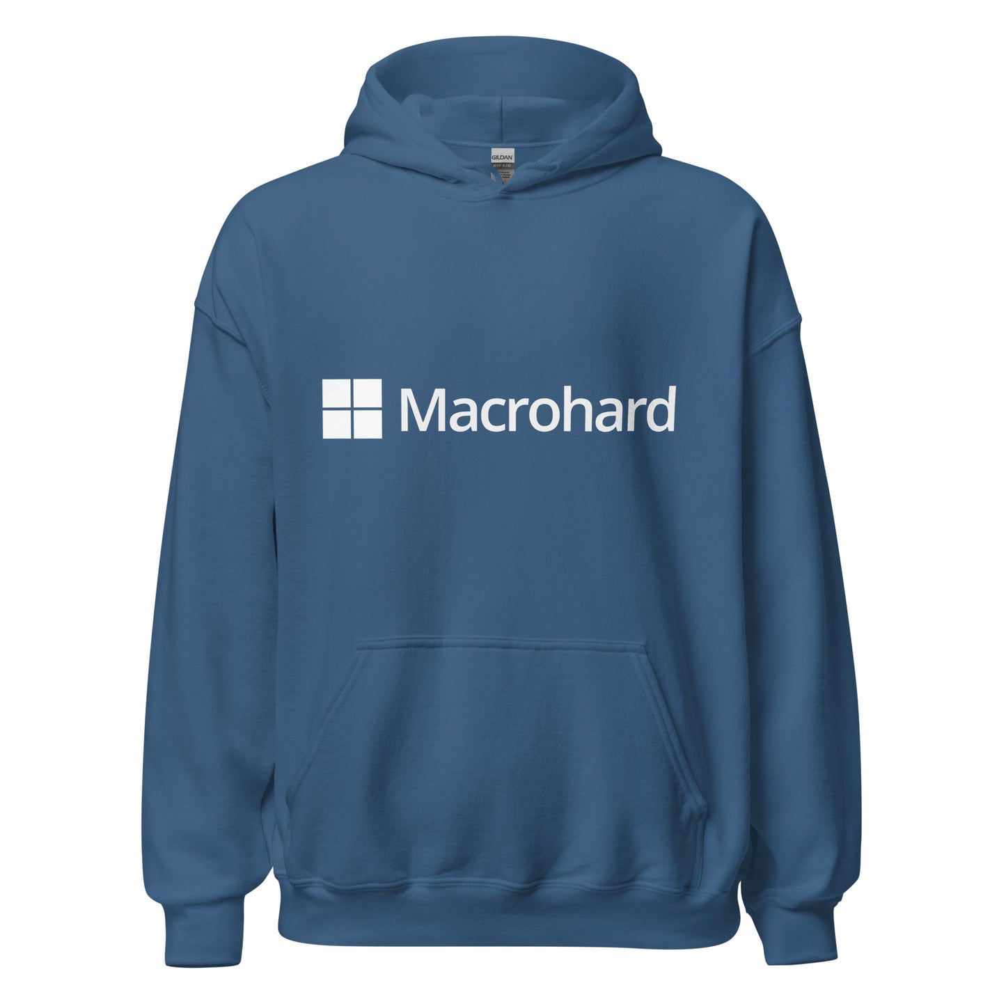 Product mockup photo of the Macrohard Hoodie (unisex) Indigo Blue / M.