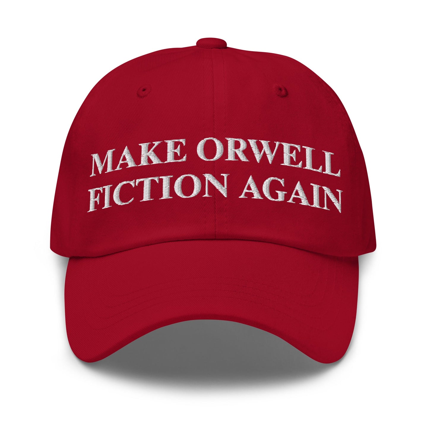 Image of the MAKE ORWELL FICTION AGAIN Cap Cranberry.
