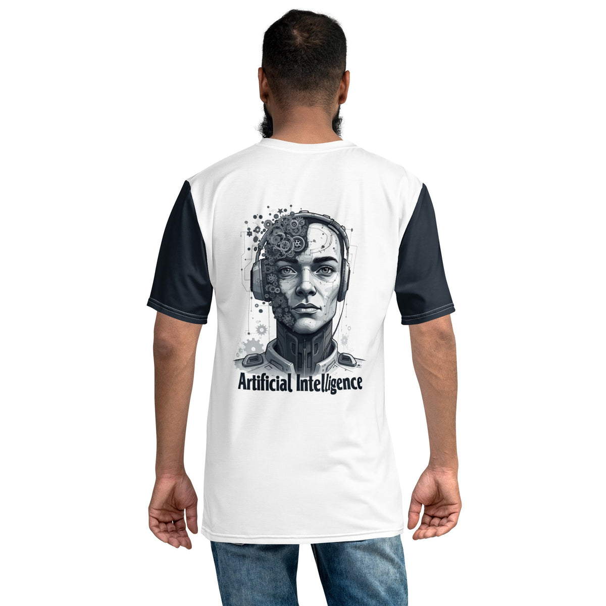 Product mockup photo of the Male Gear Head Robot T Shirt (men).