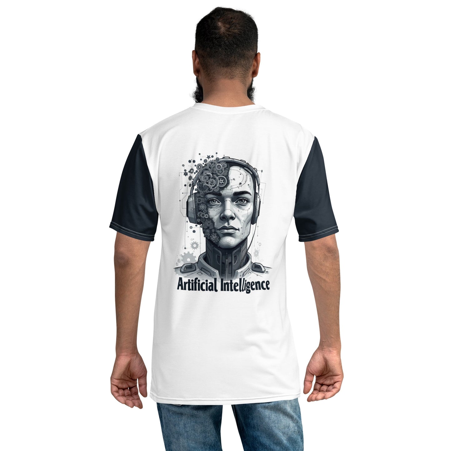 Product mockup photo of the Male Gear Head Robot T Shirt (men).