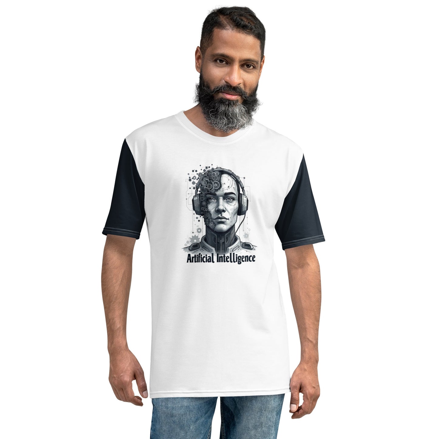 Product mockup photo of the Male Gear Head Robot T Shirt (men).