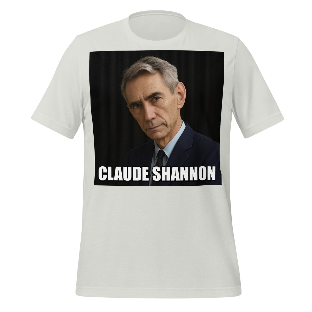 Image of the Meme Portrait of Claude Shannon T-Shirt (unisex) Silver / M.