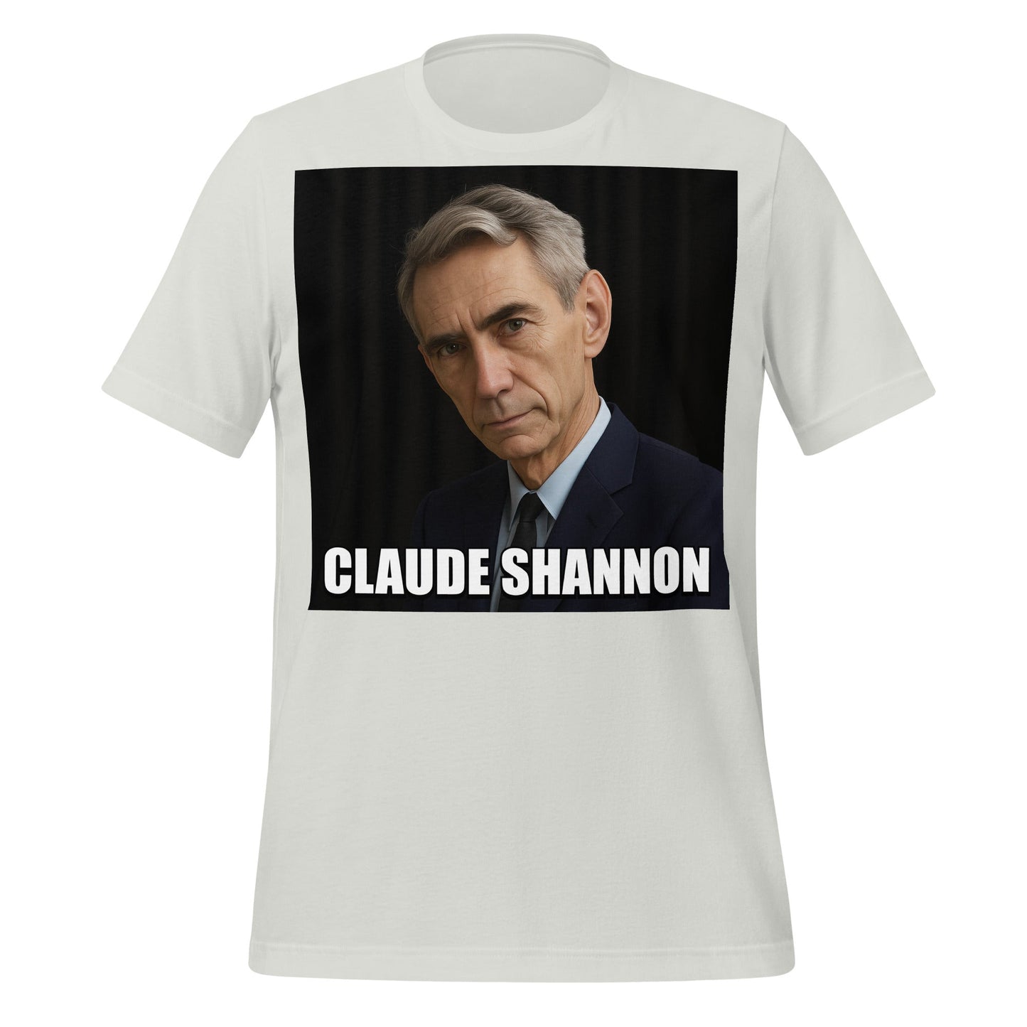 Image of the Meme Portrait of Claude Shannon T-Shirt (unisex) Silver / M.