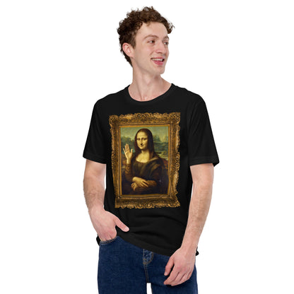 Product mockup photo of the Mona Lisa Waving T Shirt (unisex).