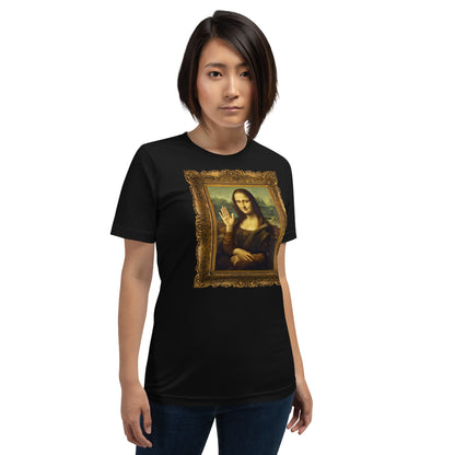 Product mockup photo of the Mona Lisa Waving T Shirt (unisex).