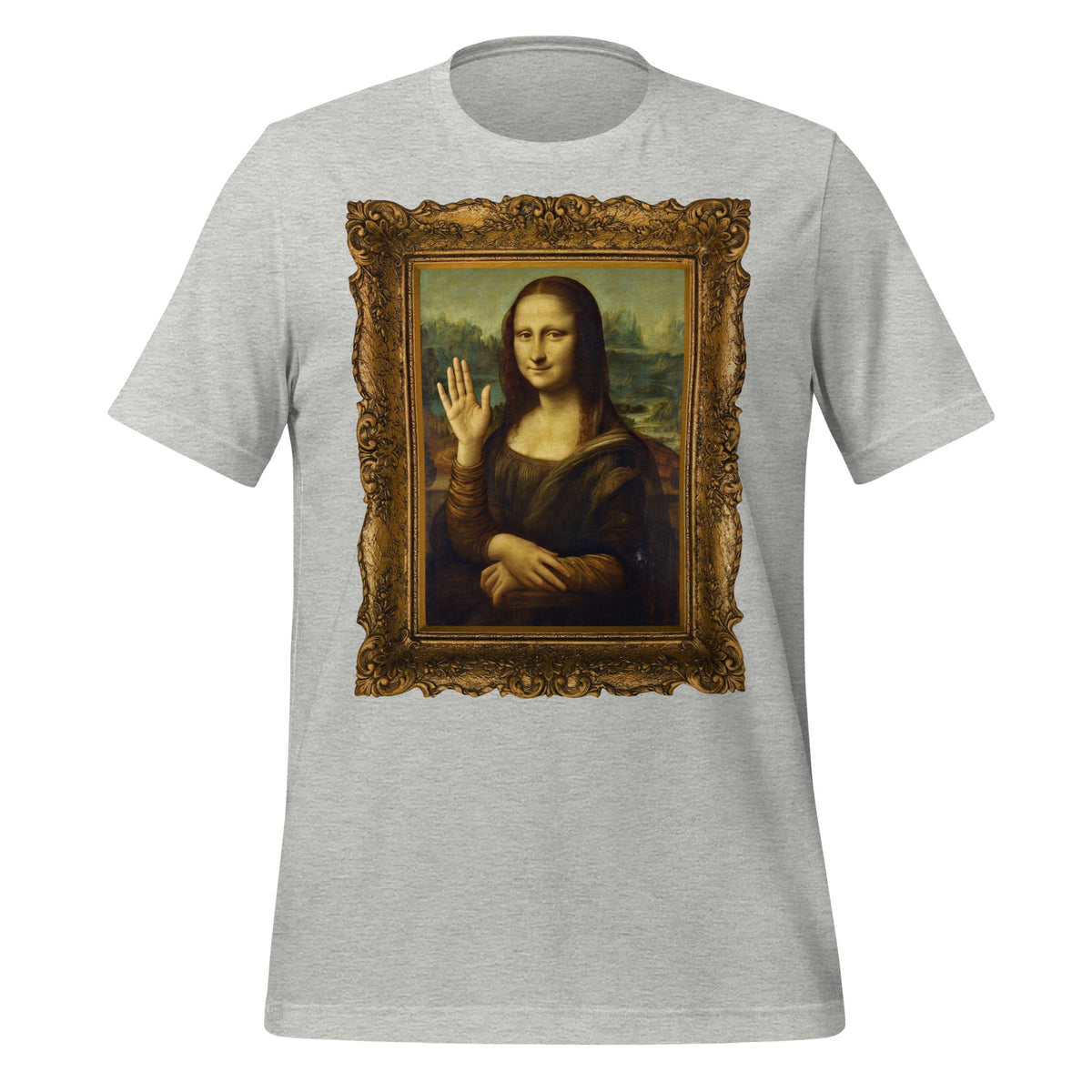 Product mockup photo of the Mona Lisa Waving T Shirt (unisex) Athletic Heather / M.