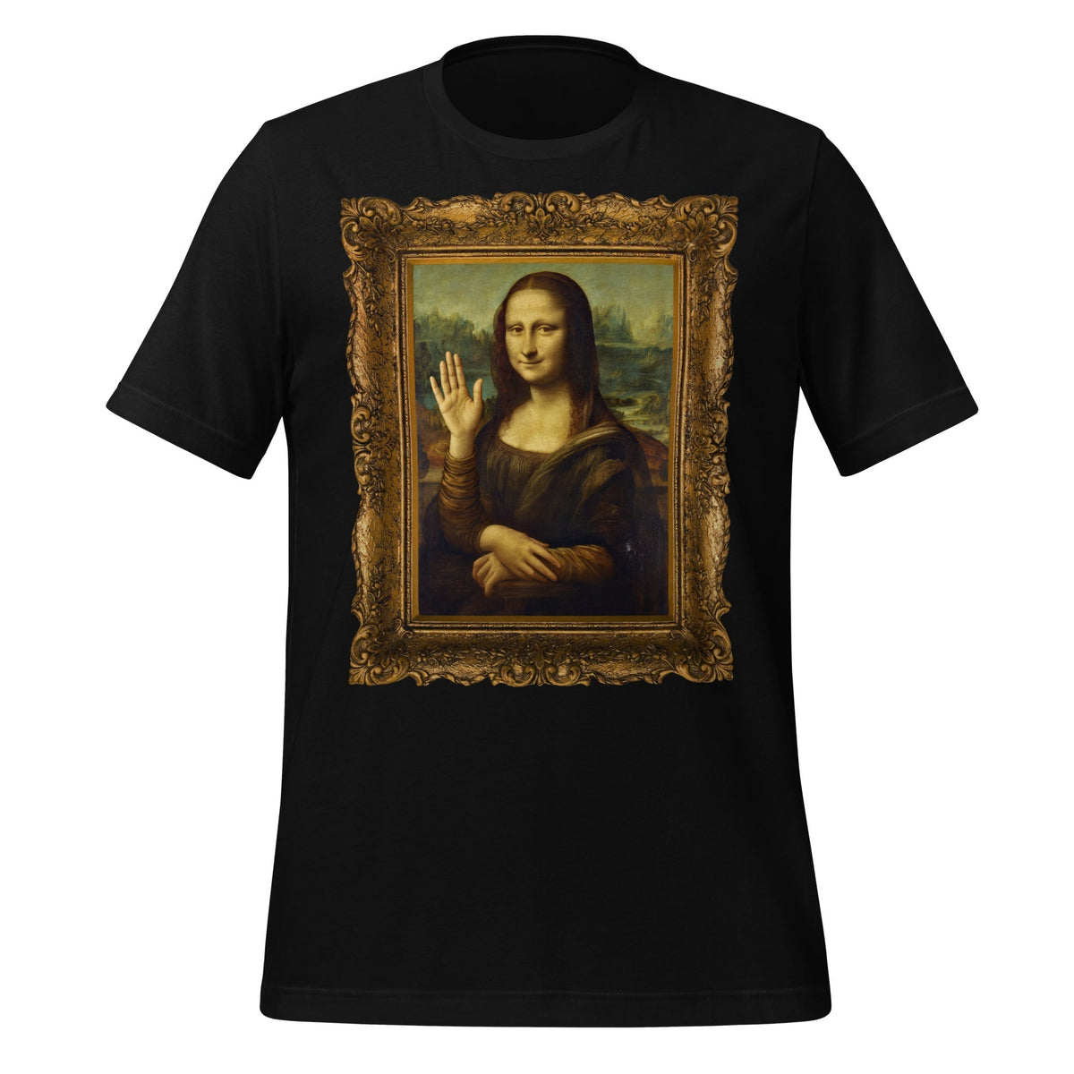 Product mockup photo of the Mona Lisa Waving T Shirt (unisex) Black / M.
