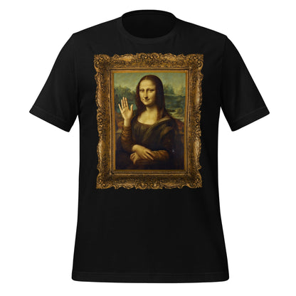 Product mockup photo of the Mona Lisa Waving T Shirt (unisex) Black / M.