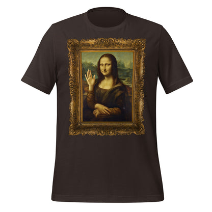 Product mockup photo of the Mona Lisa Waving T Shirt (unisex) Brown / M.