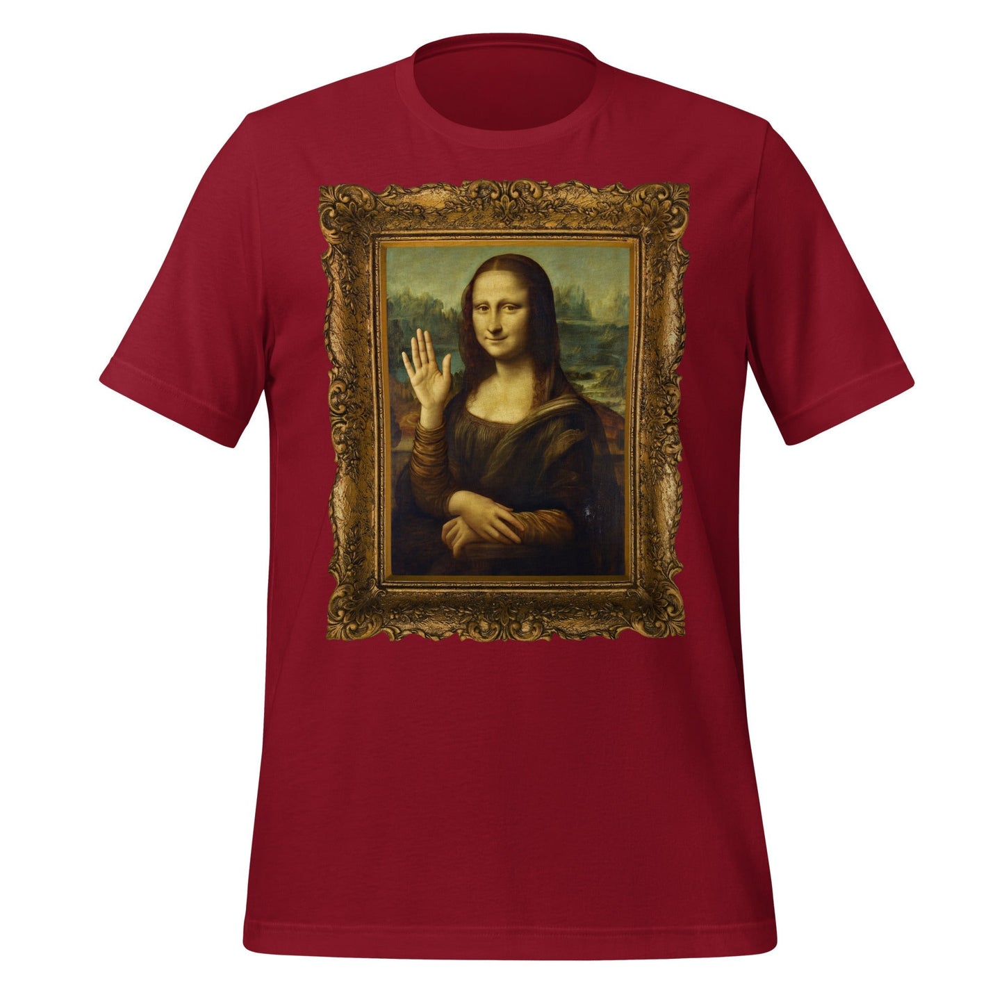Product mockup photo of the Mona Lisa Waving T Shirt (unisex) Cardinal / M.