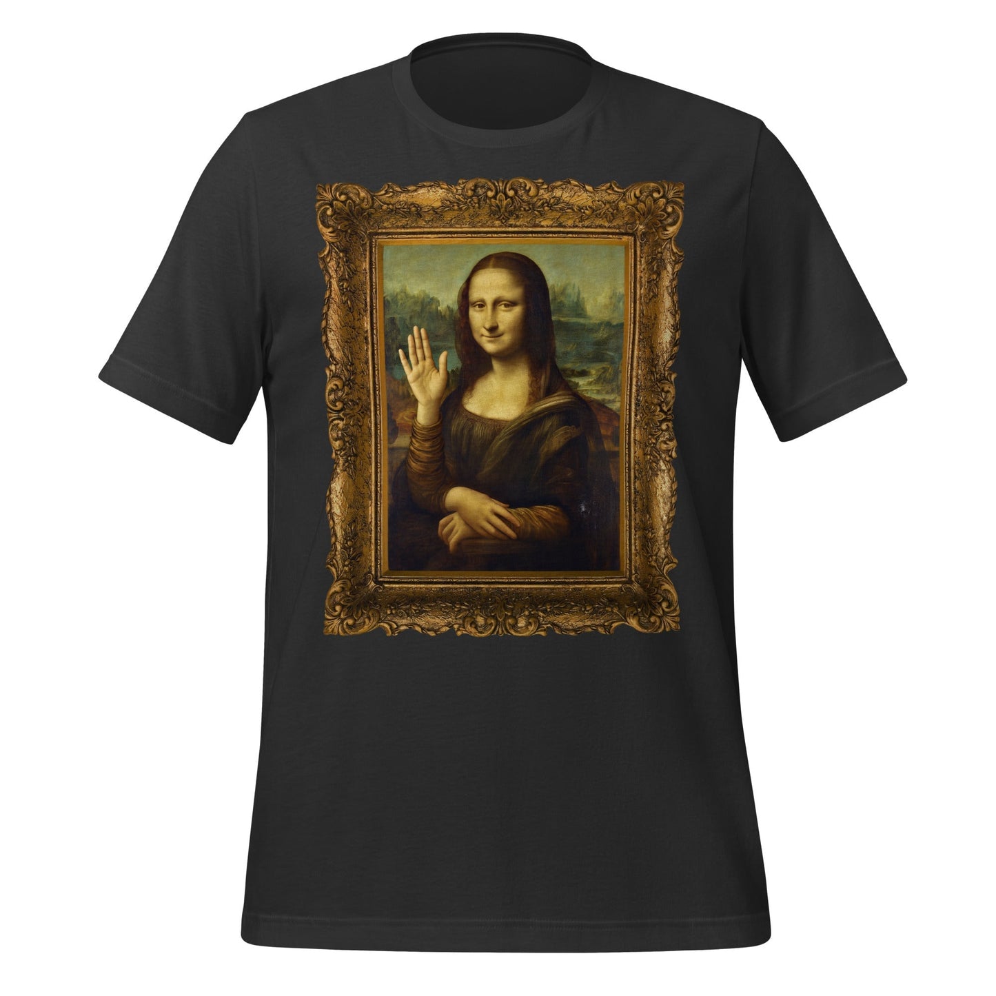 Product mockup photo of the Mona Lisa Waving T Shirt (unisex) Dark Grey / M.