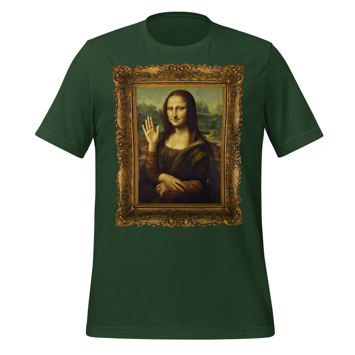 Product mockup photo of the Mona Lisa Waving T Shirt (unisex) Forest / M.