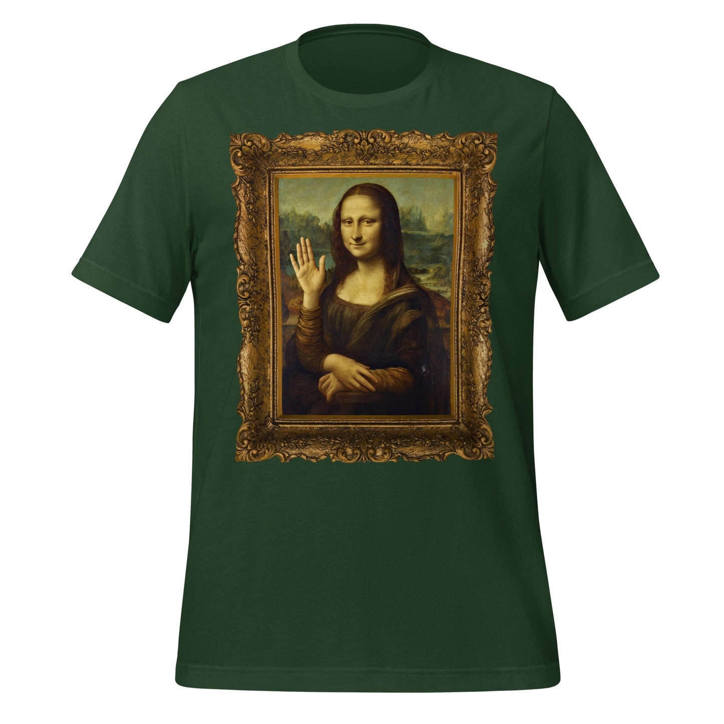 Product mockup photo of the Mona Lisa Waving T Shirt (unisex) Forest / M.