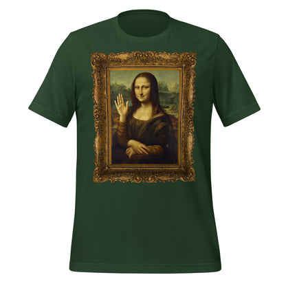 Product mockup photo of the Mona Lisa Waving T Shirt (unisex) Forest / M.